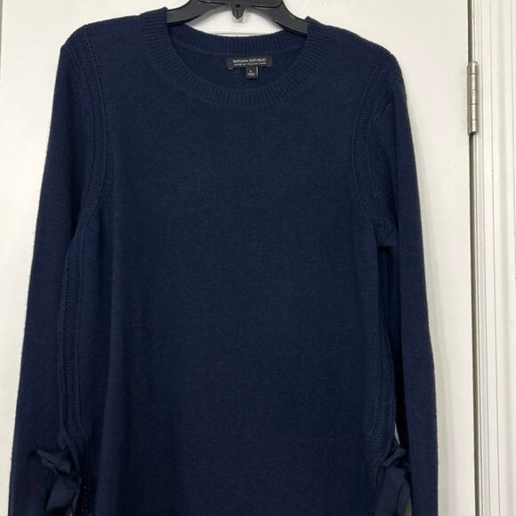 Banana Republic Italian Yarn Navy Blue Crewneck Tunic Sweater Crochet Bow Lrg - Picture 3 of 9